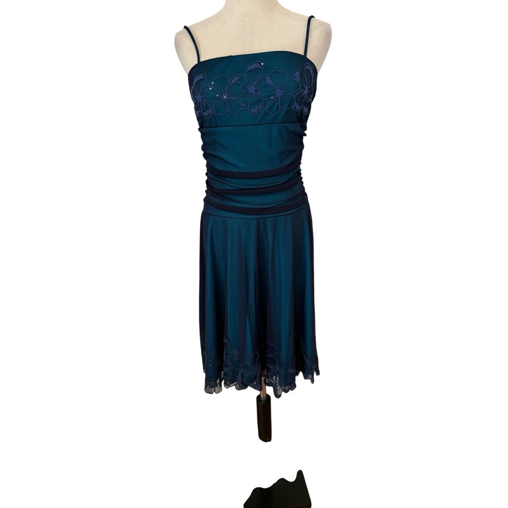 Vtg 90s Y2K Kiki Blue Beaded Dress Sz L USA Made Floral Embroidery Slip Ruched